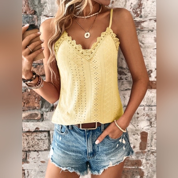 New Boho Open Embroidered Eyelet Lace Cami Top Tank Yellow - Picture 2 of 8